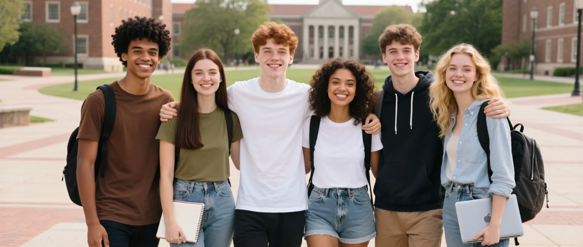 Six smiling students with backpacks, notebooks, and a laptop standing arm in arm on a campus lawn in front of a brick university building with white columns.